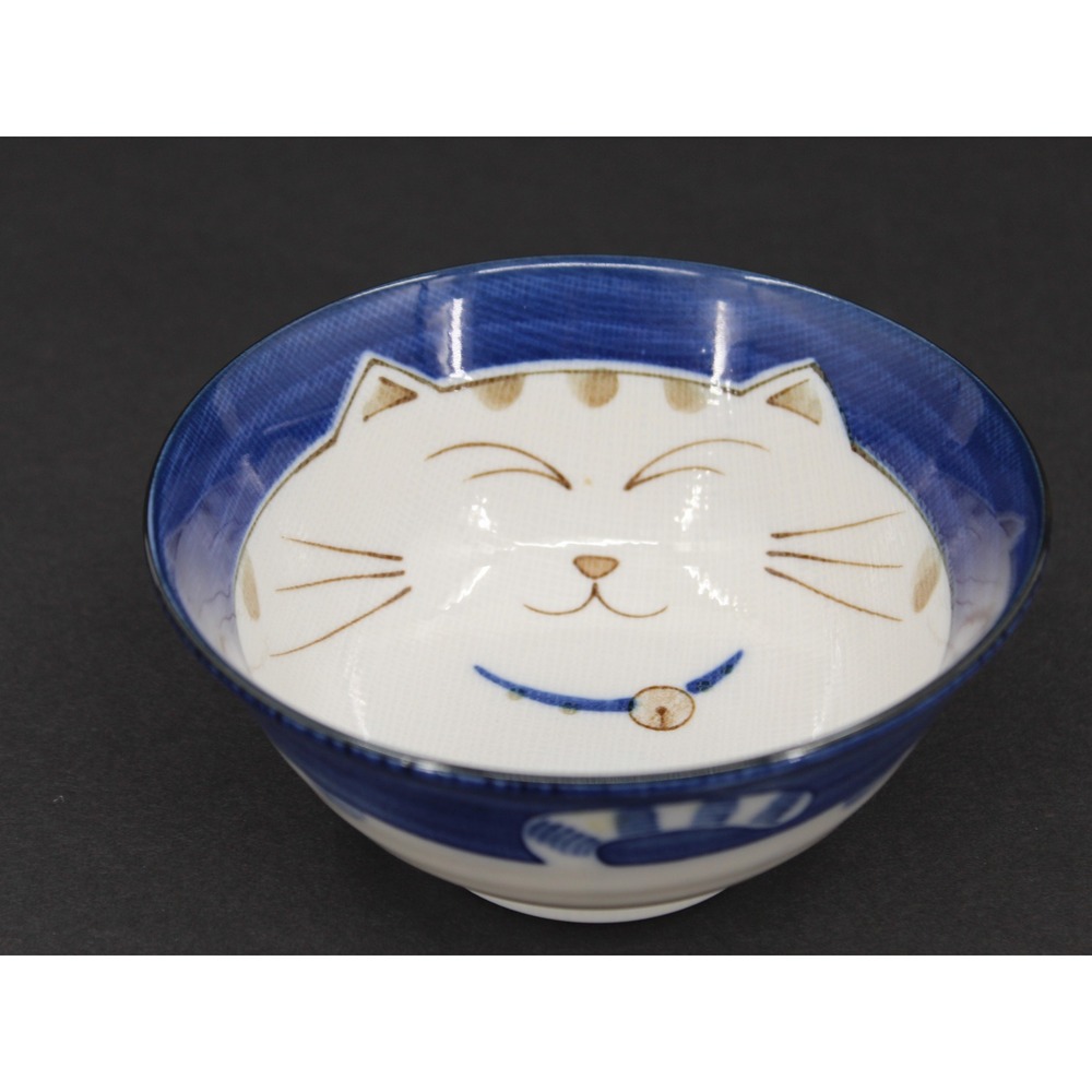 Japanese Porcelain Smiling Cat Rice Bowl Blue White Maneko Neko 5 3/4"